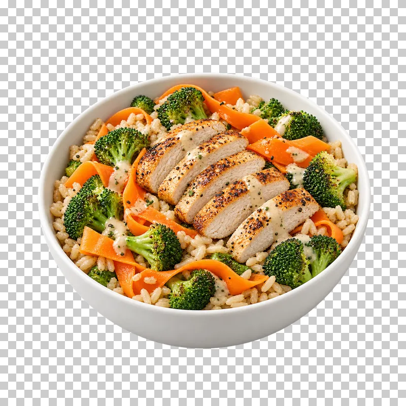 A white bowl of grilled chicken, brown rice, broccoli and carrot ribbons.