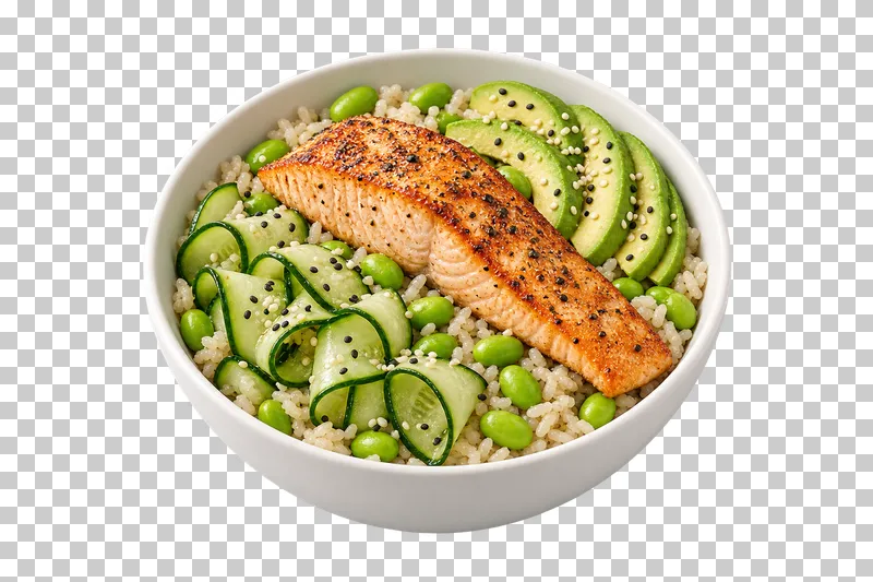A white bowl with one intact baked salmon fillet, rice, edamame, cucumber ribbons and avocado.