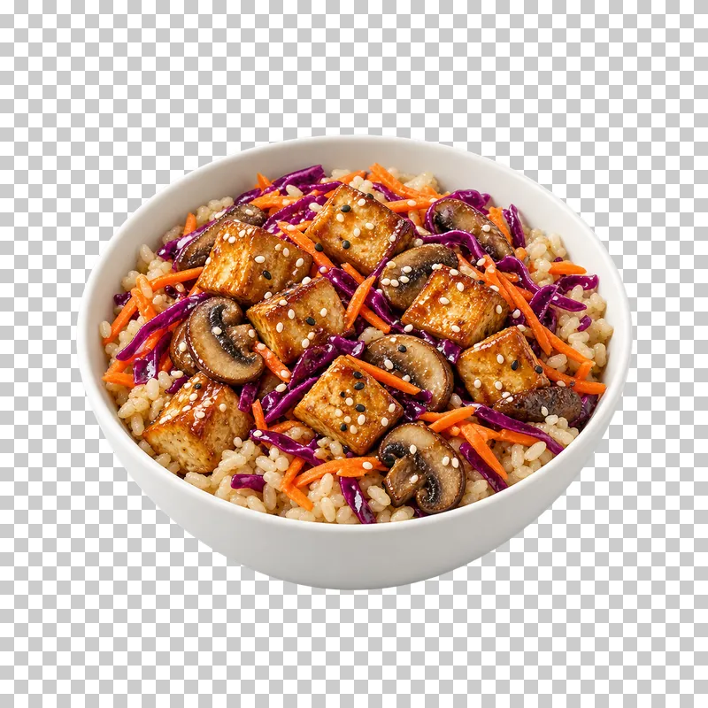 A white bowl of sesame tofu cubes, mushrooms, rice, red cabbage and carrot.