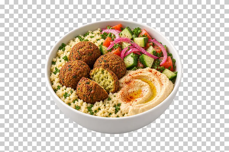 A white bowl of falafel, hummus, couscous, cucumber-tomato salad and pickled onion.