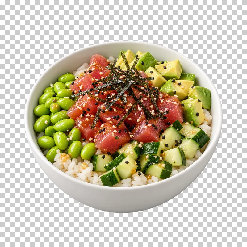 A white poke-style bowl with raw tuna cubes, rice, avocado, edamame, cucumber and nori.