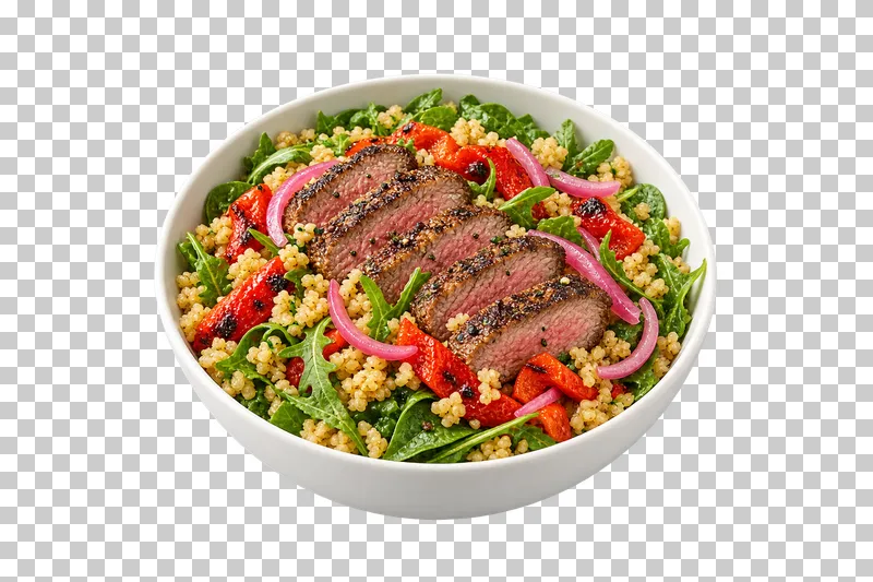 A white bowl of sliced steak, bulgur, roasted red peppers, green leaves and pickled onion.