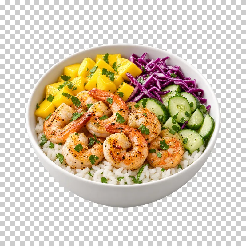 A white bowl of cooked shrimp, rice, mango, cucumber and red cabbage.