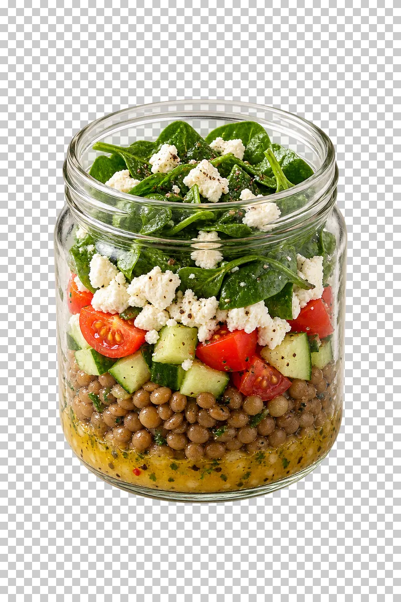 An open clear glass jar with layers of dressing, lentils, cucumber, tomato, feta and spinach.