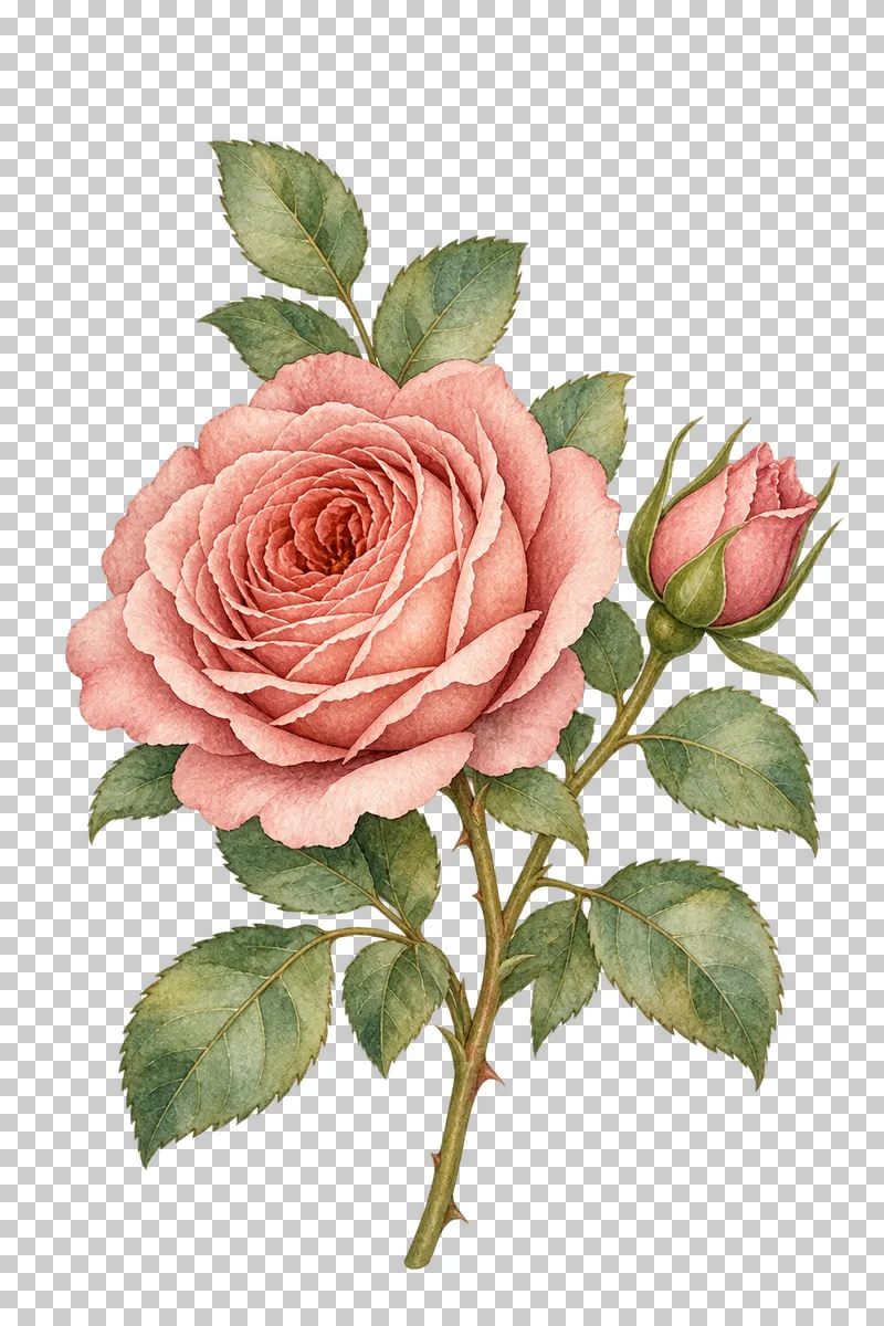 A dusty rose garden rose with a bud, serrated green leaves and a complete stem.