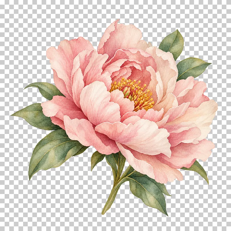 A broad blush peony bloom with ruffled petals, a warm center and a short green leaf fan.