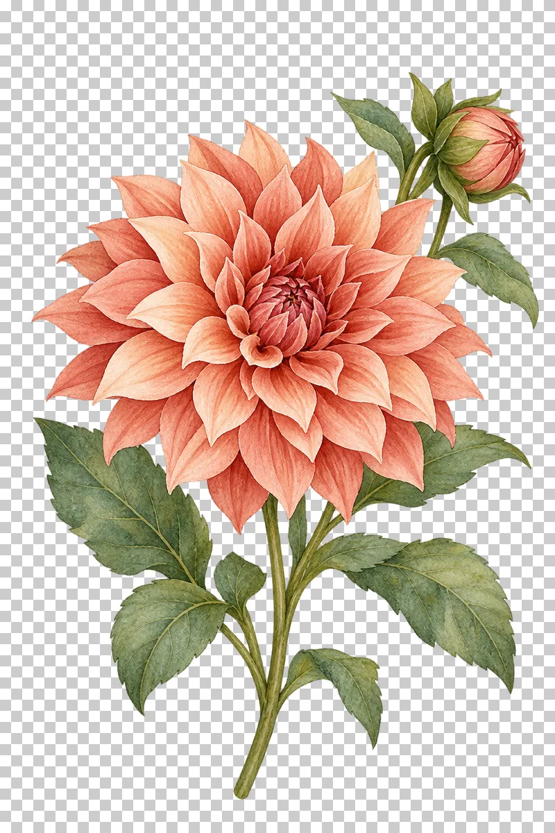 A terracotta dahlia with ordered pointed petals, a bud and green leaves on a stem.