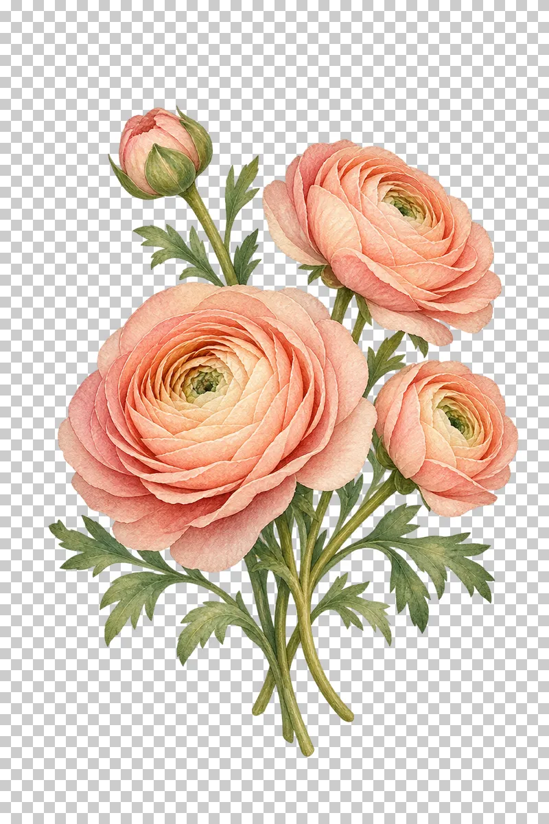 Peach ranunculus flowers and a closed bud on fine branching green stems.
