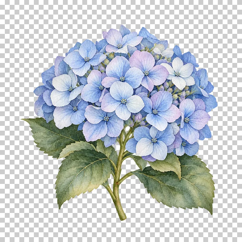 A powder-blue hydrangea flower cluster with broad serrated green leaves.