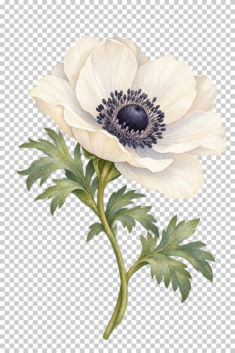 An ivory anemone with a dark center, fine stamens and divided green leaves.