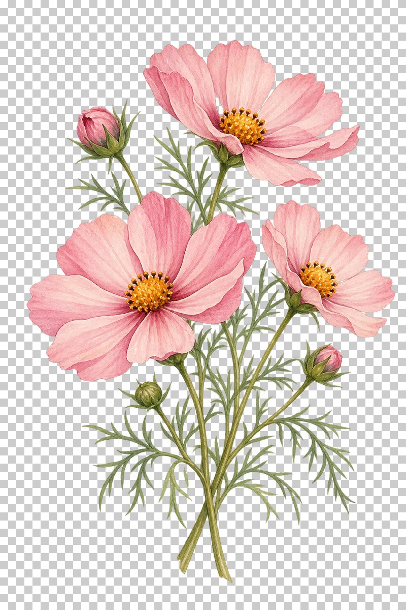 Pink cosmos flowers at unequal heights with finely divided green foliage.