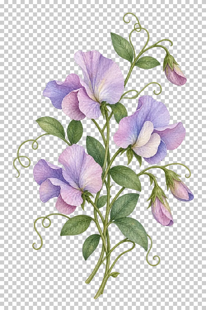 A lilac sweet pea vine with wing-shaped flowers, leaflets and curling tendrils.