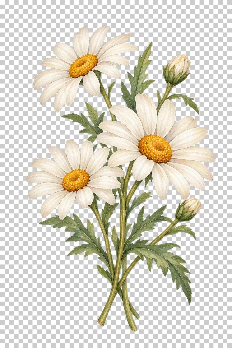 Ivory oxeye daisies with yellow centers on branching leafy stems.