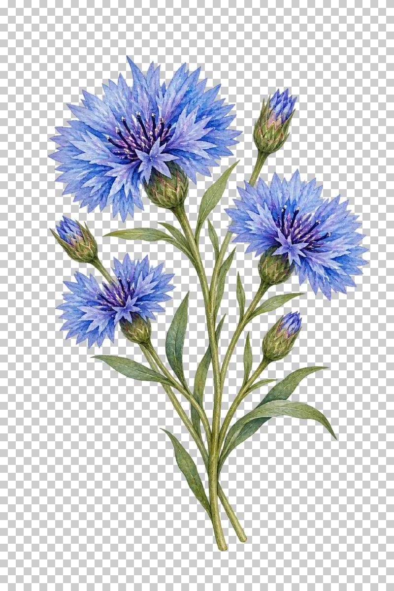 Blue cornflowers with fringed petals, buds and narrow green leaves.