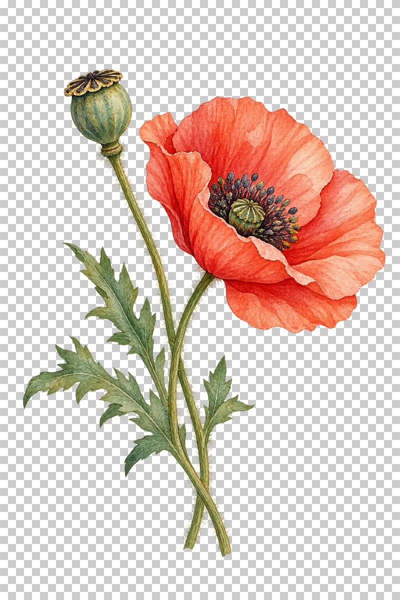 A coral-red field poppy and a green seed pod on slender leafy stems.
