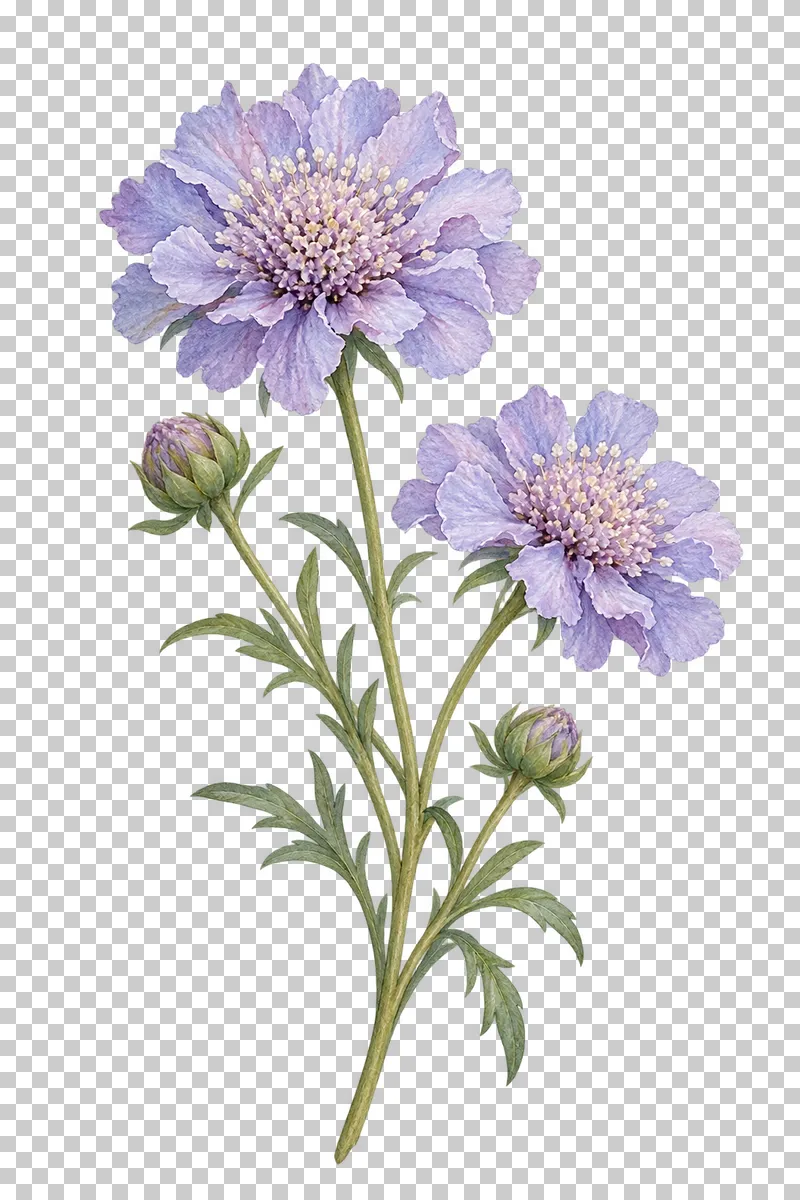 Two lilac scabiosa flower heads and buds on fine branching stems.