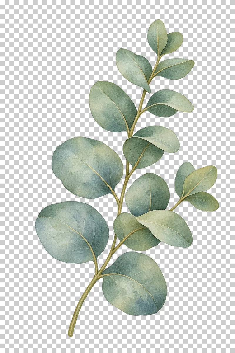 A curved eucalyptus sprig with rounded blue-sage leaves.