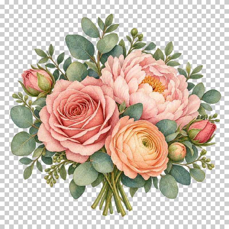 A compact watercolor posy of rose, peony, ranunculus and eucalyptus.