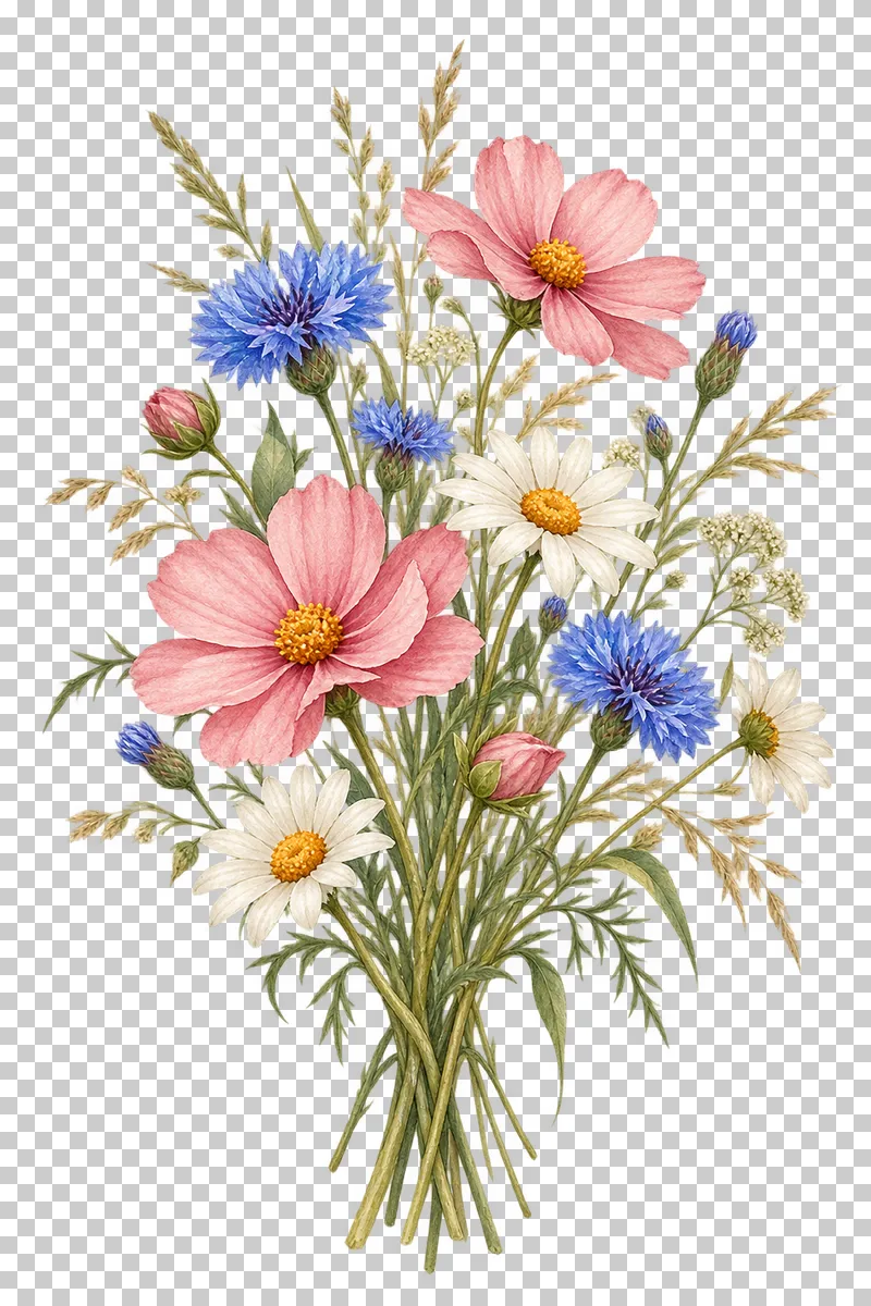 An airy watercolor meadow bouquet with pink cosmos, blue cornflowers, ivory daisies and grasses.