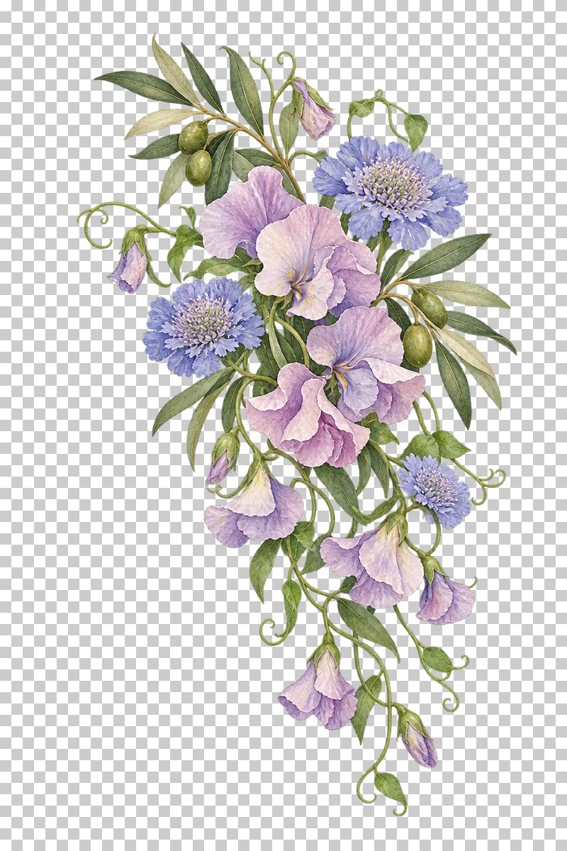 A trailing lilac sweet pea and scabiosa bouquet with olive foliage.