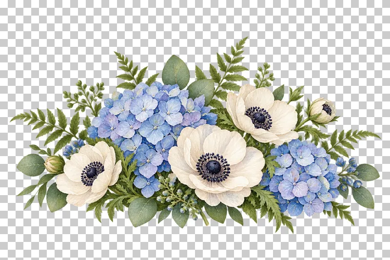 A low horizontal cluster of blue hydrangea, ivory anemones and green fern foliage.