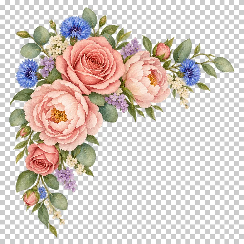 An upper-left L-shaped floral corner with dusty rose roses, blush peonies and green foliage.