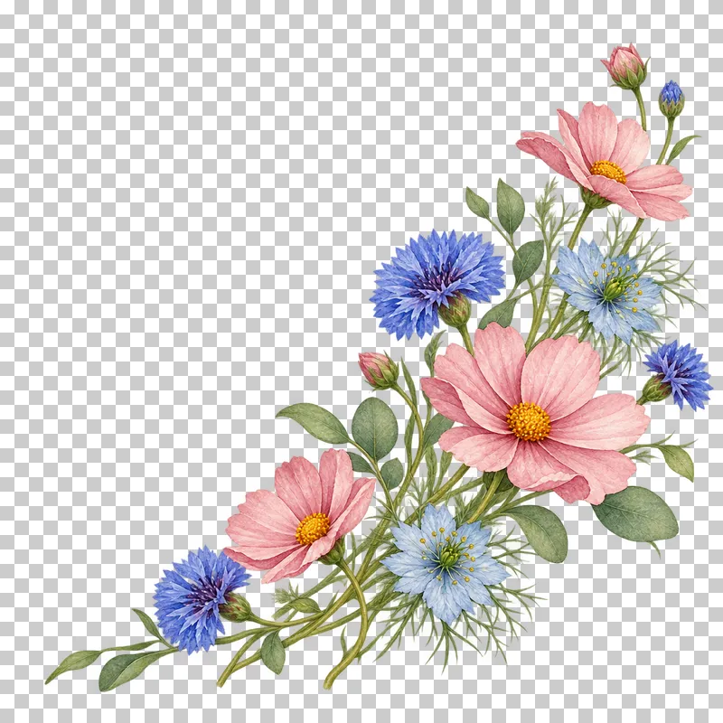 A lower-right diagonal of pink cosmos, blue cornflowers, pale-blue nigella and foliage.