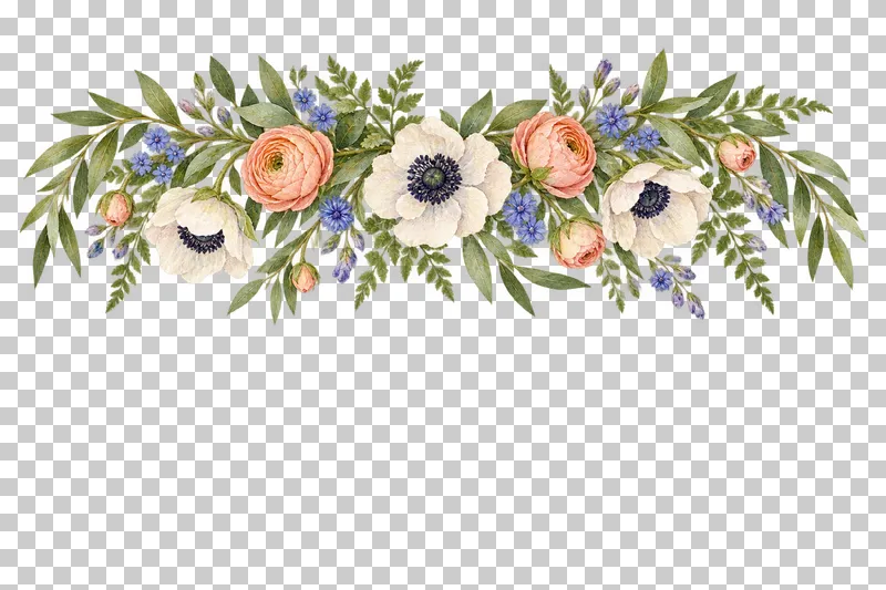 A hanging floral header with ivory anemones, peach ranunculus and olive-green foliage.