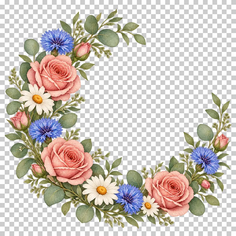 An open circular wreath with dusty rose roses, blue cornflowers, ivory daisies and foliage.