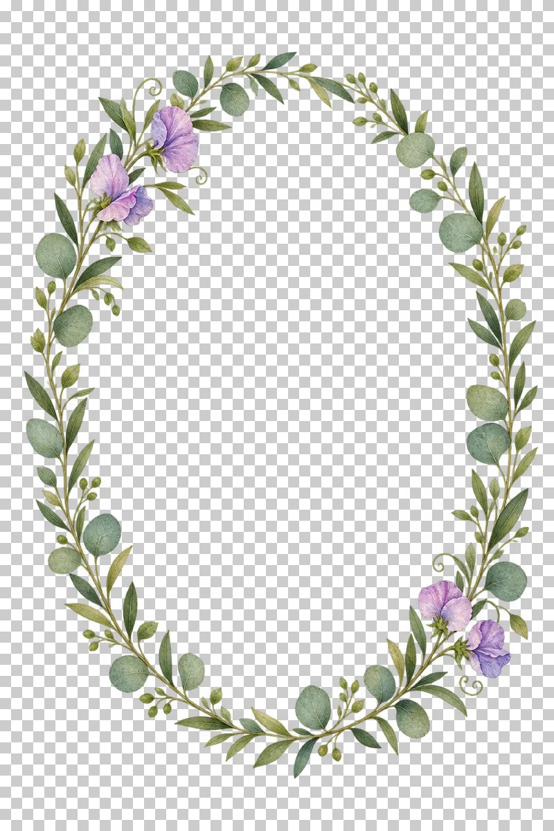 A fine tall oval olive and eucalyptus wreath with two lilac sweet pea floral nodes.