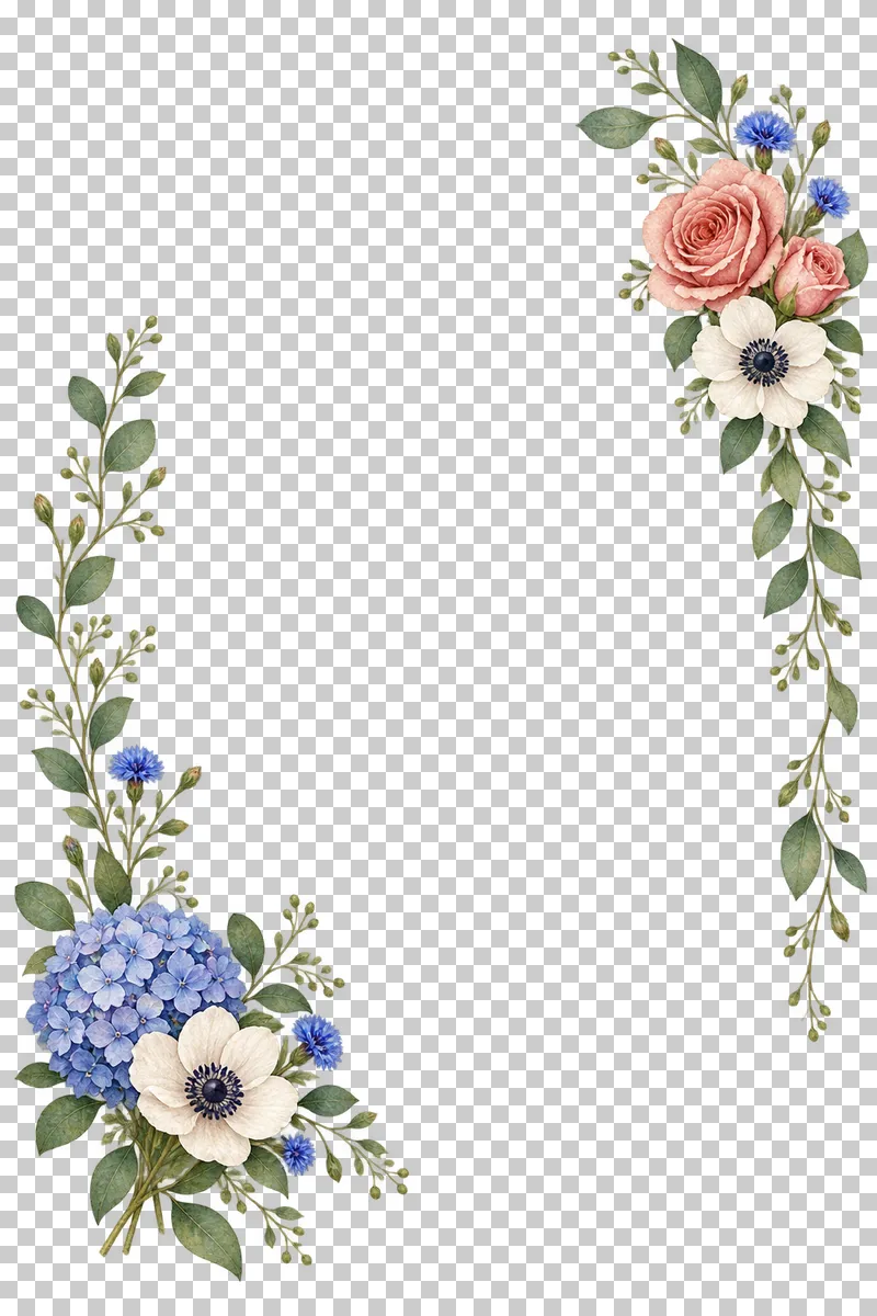 A light asymmetric portrait frame with a lower-left hydrangea and anemone cluster and upper-right roses.