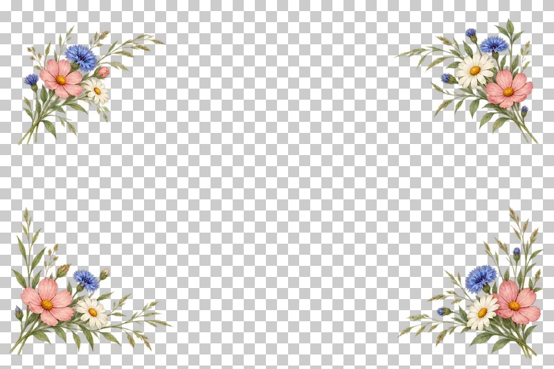 A wide meadow frame made of four small unequal flower-and-grass corner groups.