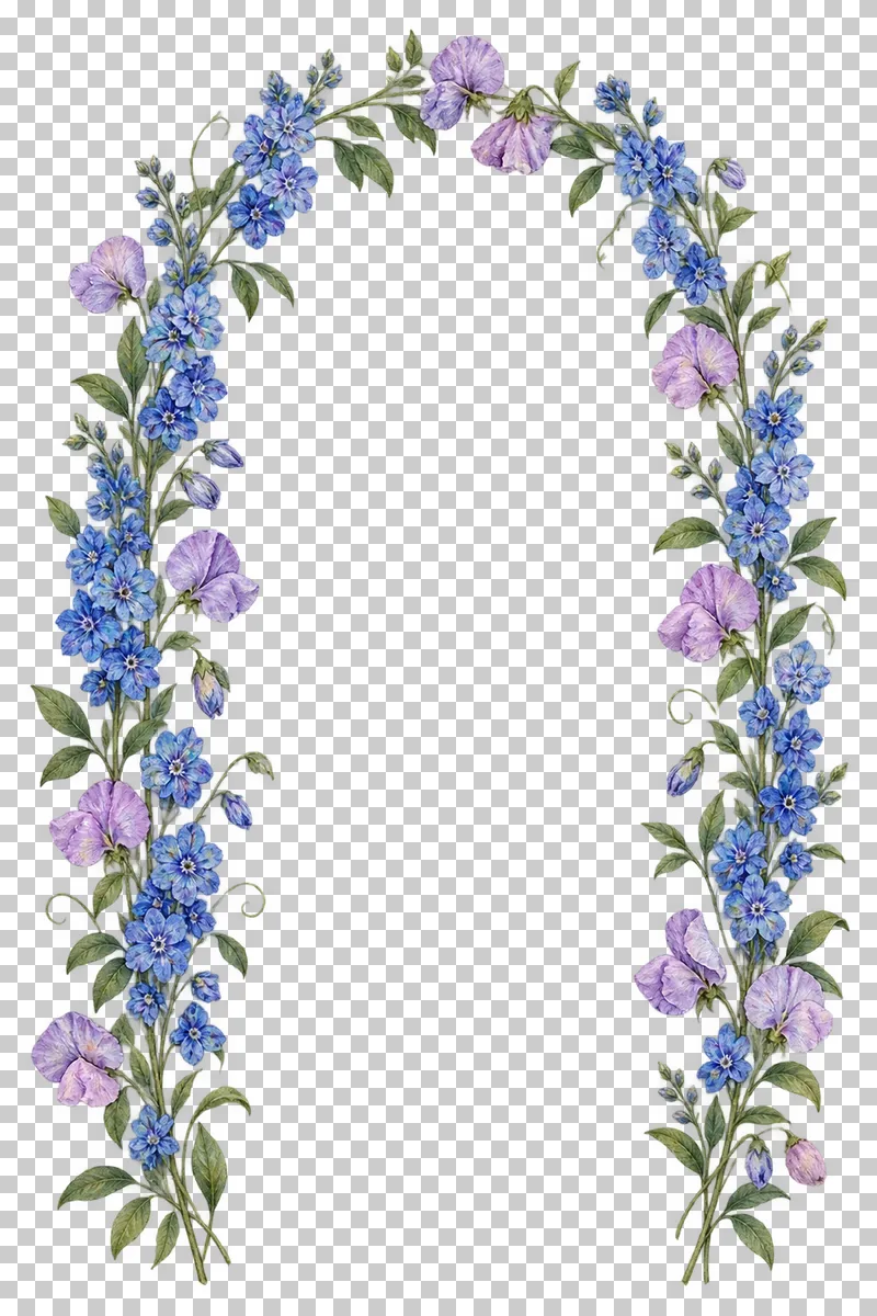 An open-bottom horseshoe arch of blue delphinium, lilac sweet pea and green foliage.