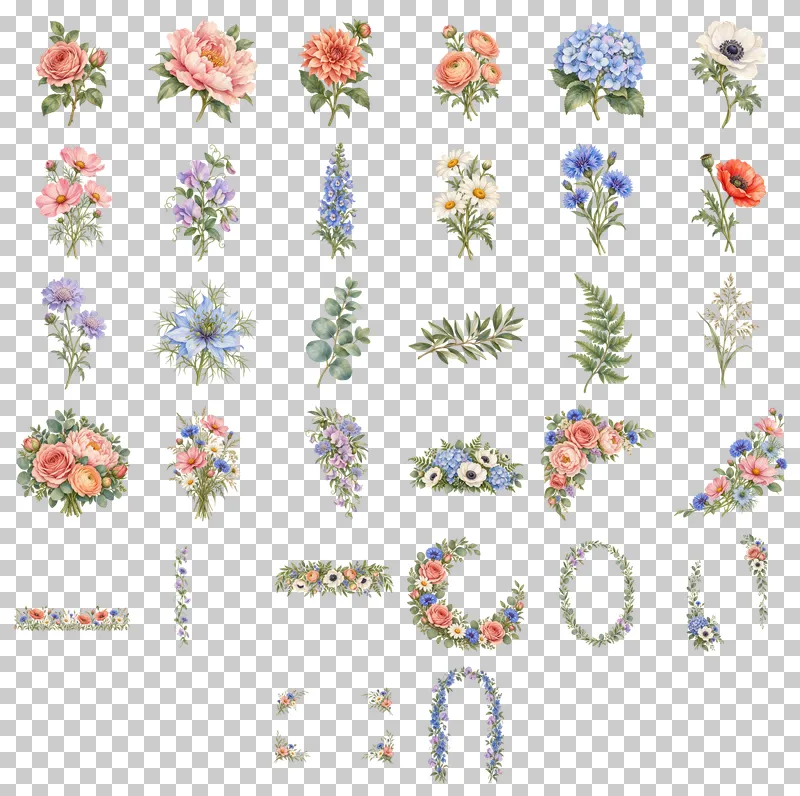 Watercolor Garden Flowers and Frames PNG Collection: all 32 elements in one grid
