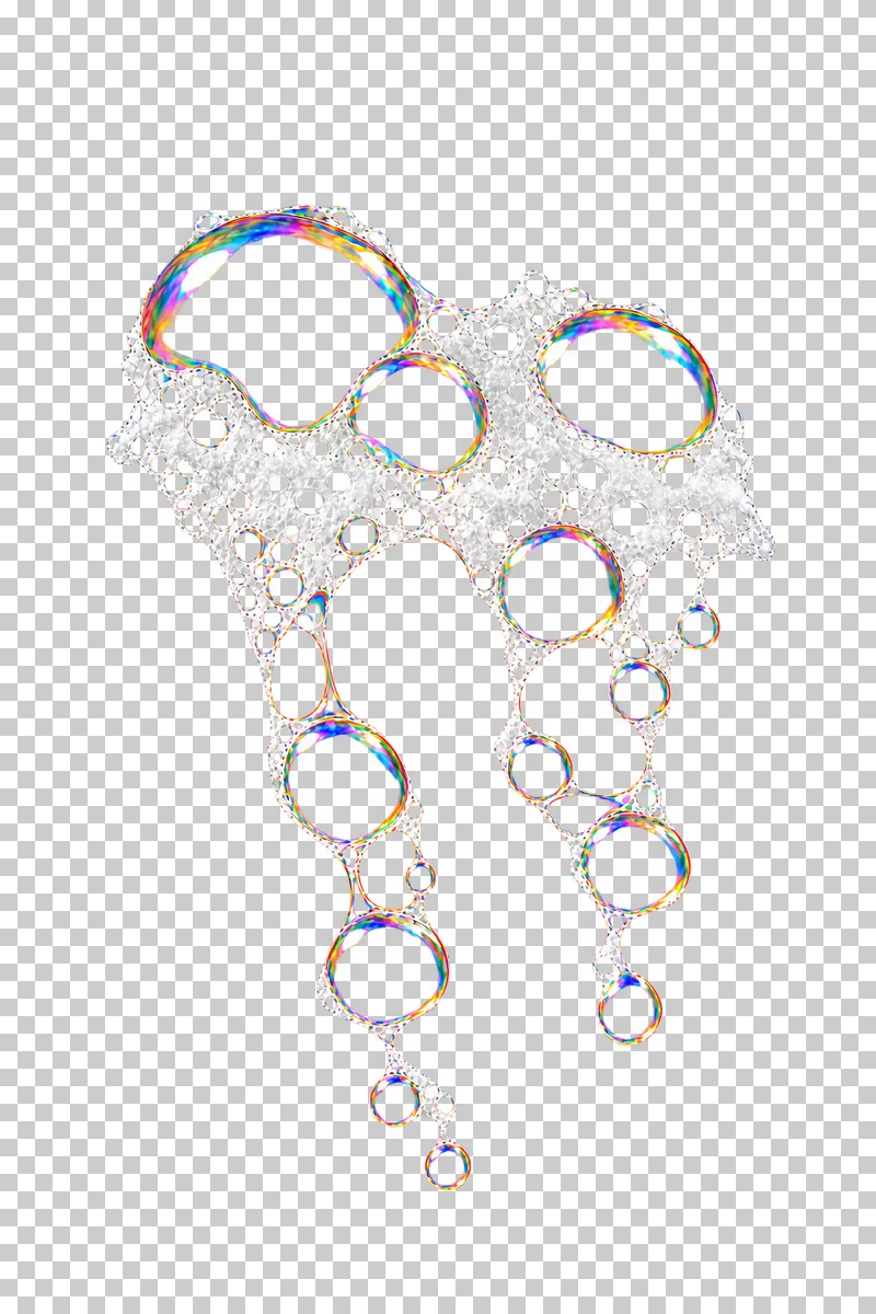 A suspended foam fringe tapering into unequal wet strands and clear cells.