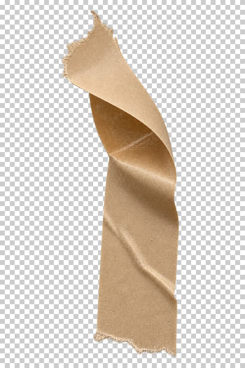 A brown kraft adhesive tape strip lifting into a tall curl above a continuous lower foot.