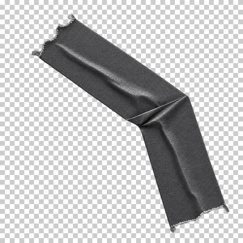 A graphite gaffer tape strip bent into an elbow with a compressed diagonal fold.