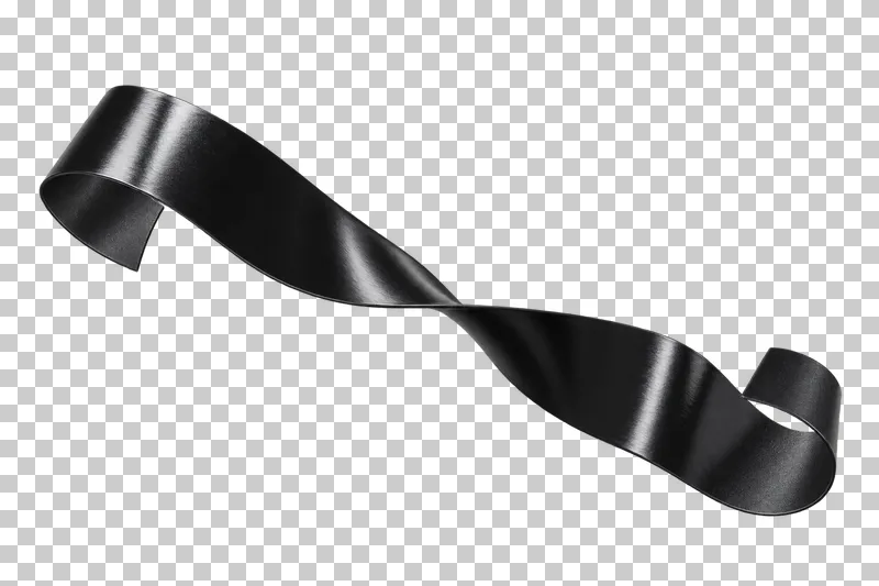 A smooth black electrical tape ribbon with a half-twist and two curled free ends.