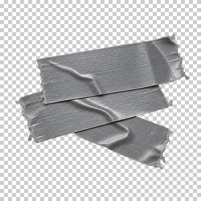 Three unequal silver-gray duct tape pieces overlapping into a staggered repair patch.