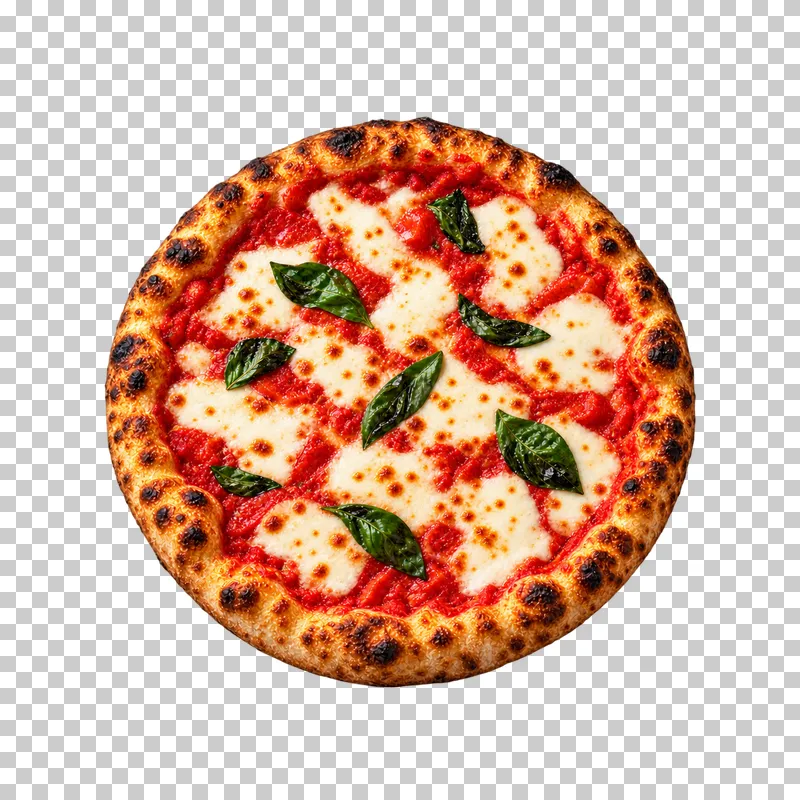 Whole round Margherita pizza with tomato sauce, melted mozzarella patches and basil leaves, viewed directly from above.