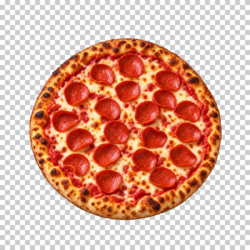 Whole round pepperoni pizza with melted mozzarella, tomato sauce and varied pepperoni slices, viewed directly from above.