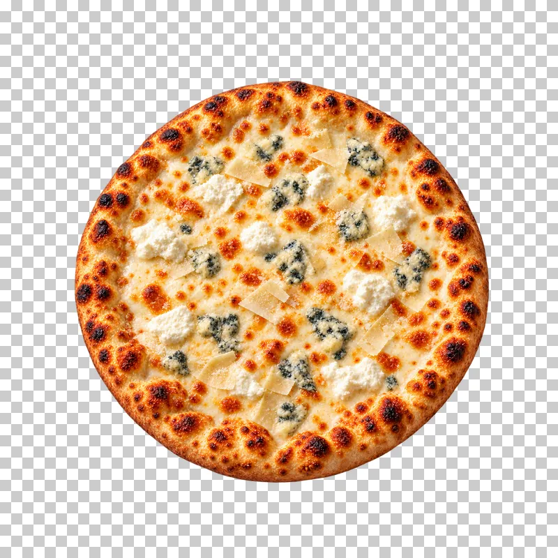 Whole four-cheese white pizza with mozzarella, ricotta, blue cheese and Parmesan shavings, viewed from above.