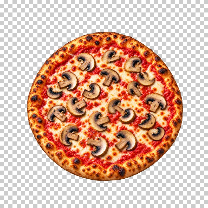 Whole round mushroom pizza with sliced button mushrooms, melted mozzarella and tomato sauce, viewed from above.