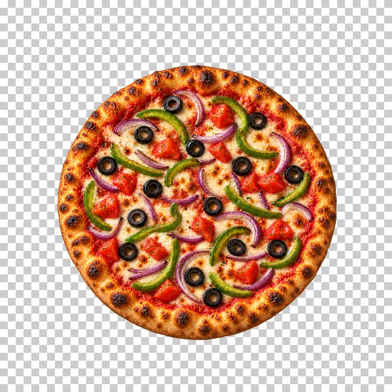 Whole garden vegetable pizza with onion, green pepper, black olive rings and tomato pieces, viewed from above.