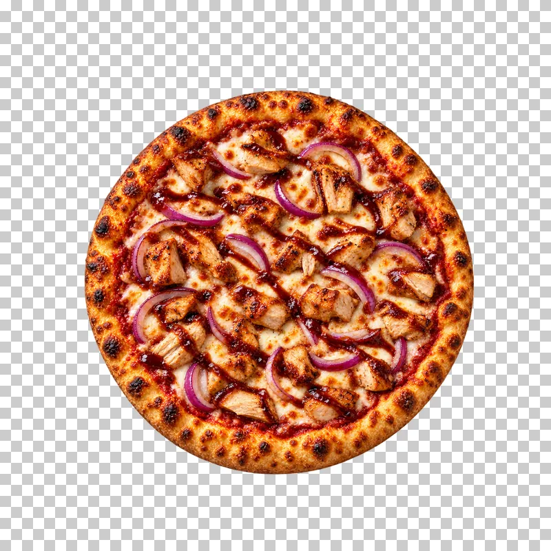 Whole barbecue chicken pizza with browned chicken pieces, red onion, mozzarella and barbecue sauce, viewed from above.