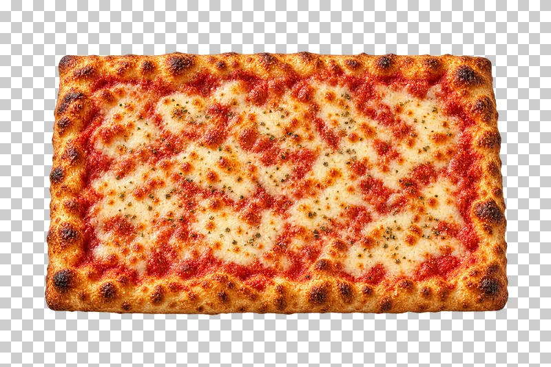 Complete rectangular Sicilian-style cheese pizza with tomato sauce, melted mozzarella and oregano, viewed from above.
