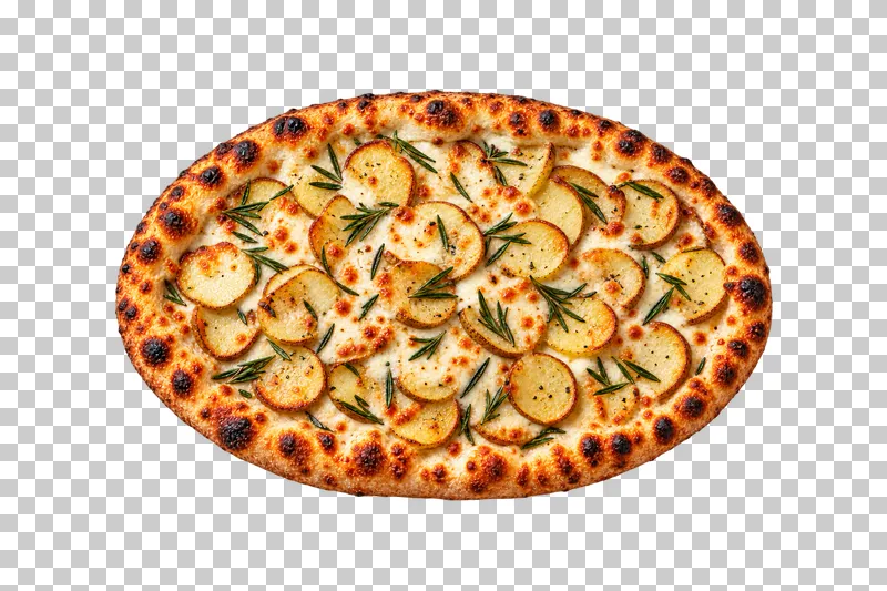 Whole oval white pizza with roasted potato slices, mozzarella and rosemary, viewed directly from above.