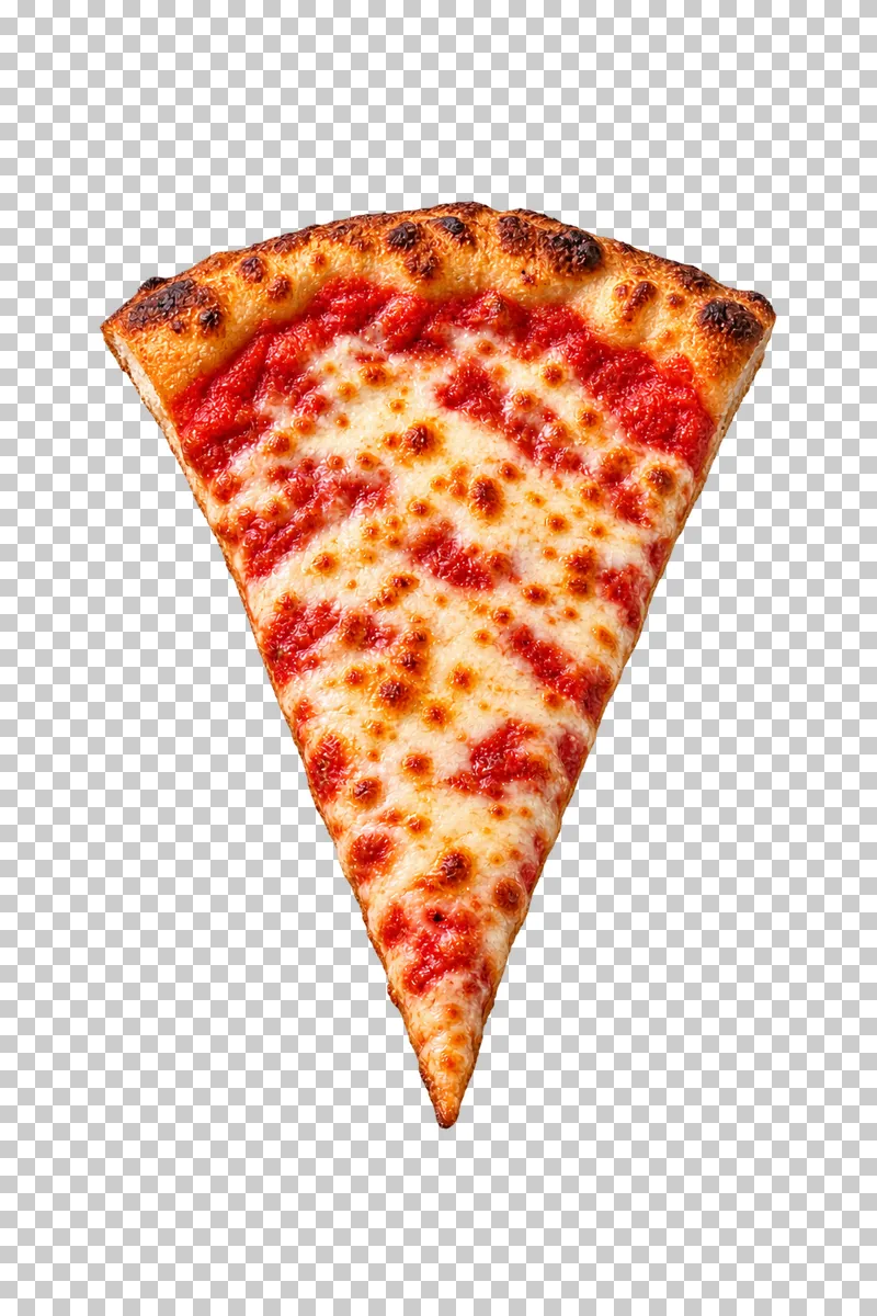 Long triangular New York-style cheese pizza slice with melted mozzarella, tomato sauce, a golden crust and a complete tip.