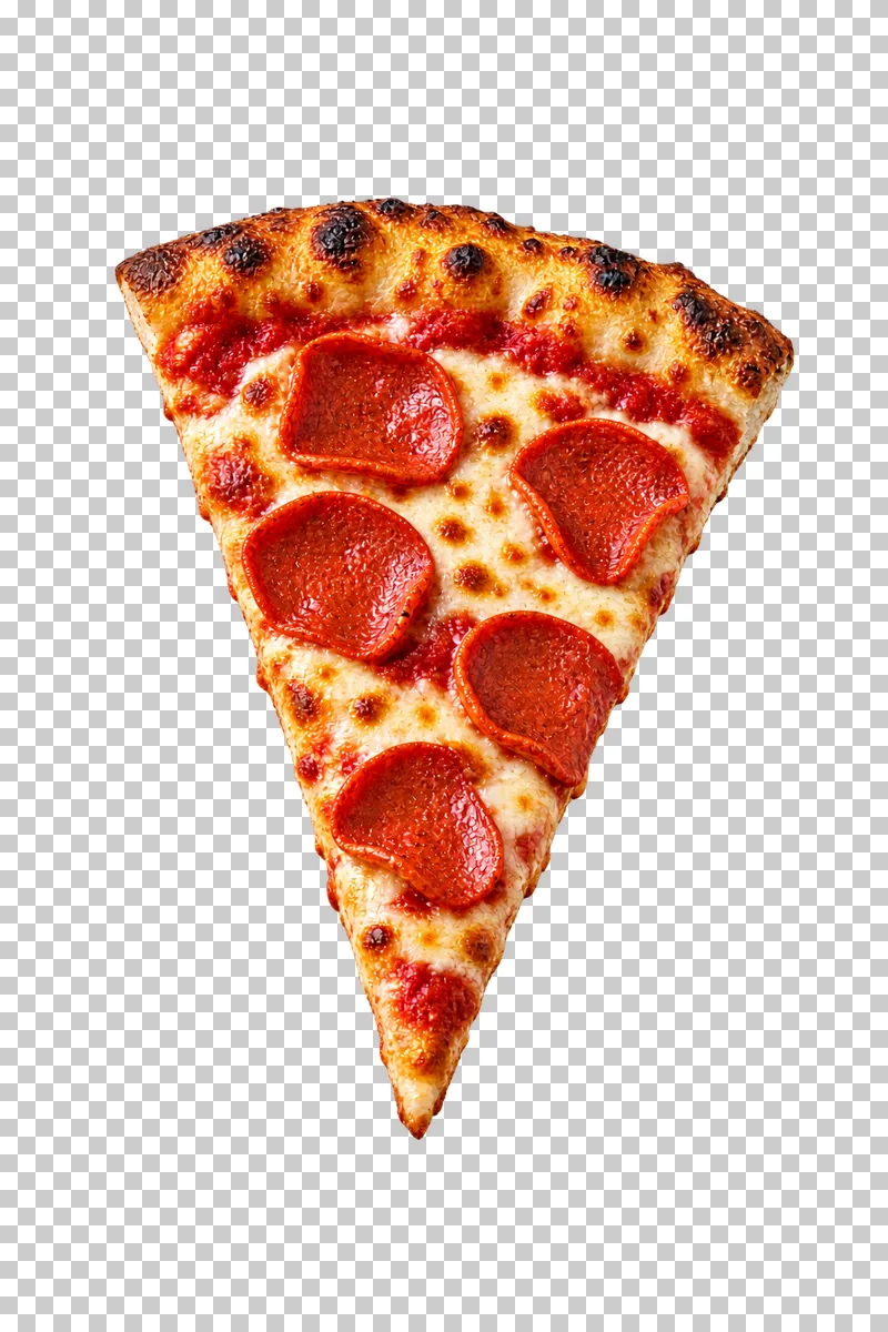 Triangular pepperoni pizza slice with tomato sauce, melted cheese, a golden outer crust and a complete pointed tip.