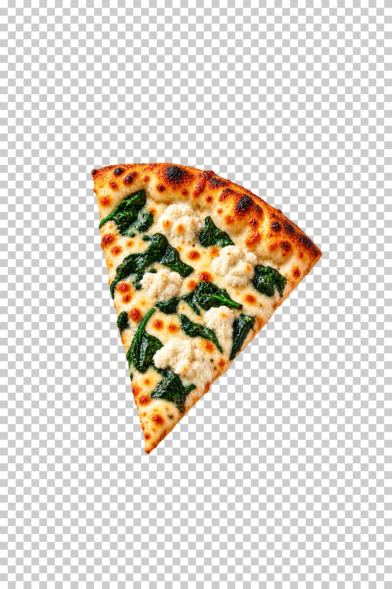 Triangular white pizza slice with cooked spinach, ricotta dollops, melted mozzarella and a complete golden crust.